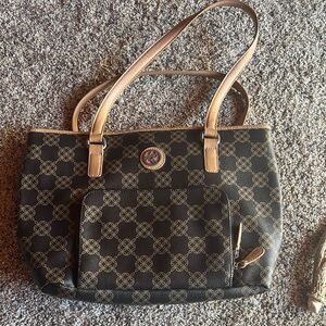 Chic Black and Tan Shoulder Bag with Checkered Pattern